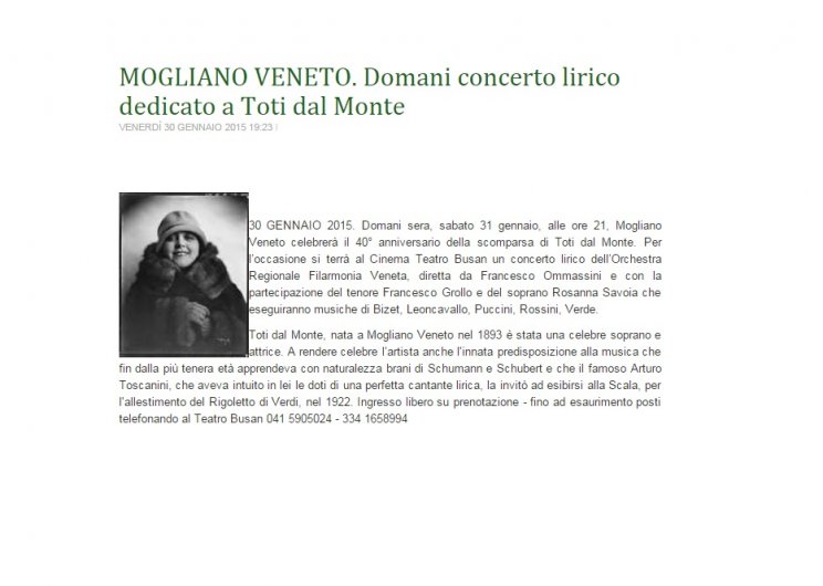 MOGLIANO VENETO. DOMANI CONCERTO DEDICATO A TOTI DAL MONTE